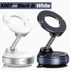 Black and white magnetic car phone holder with a foldable adjustable arm shown in two views.