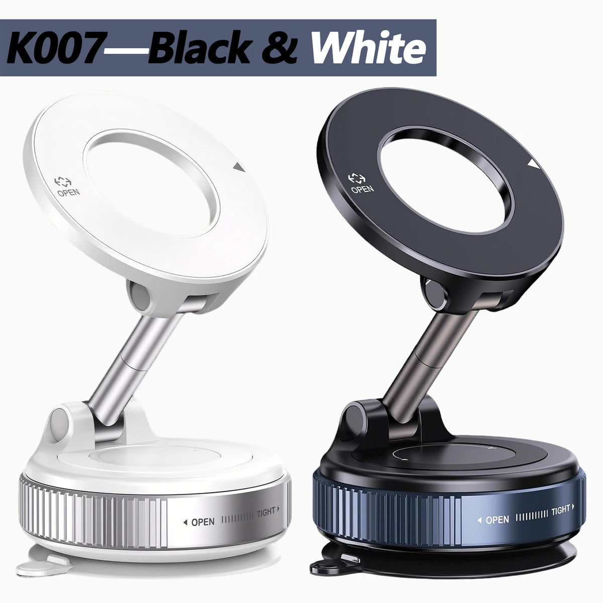 Black and white magnetic car phone holder with a foldable adjustable arm shown in two views.