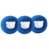 Three blue reusable laundry balls with white bear shapes for pet hair and lint removal