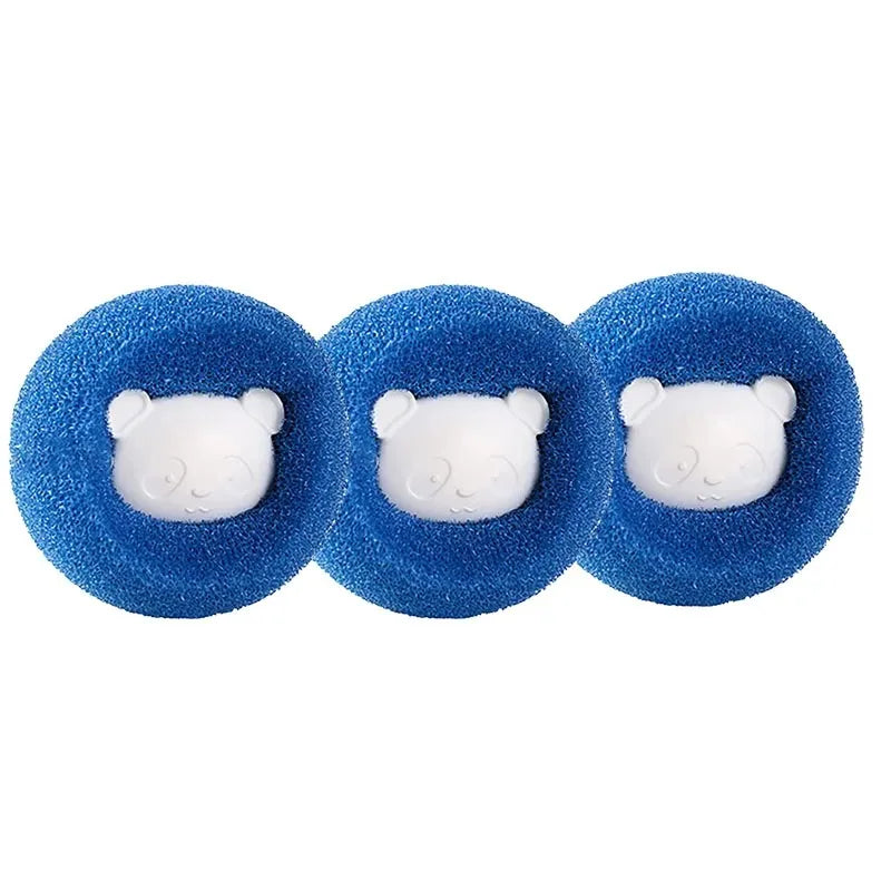 Three blue reusable laundry balls with white bear shapes for pet hair and lint removal