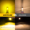 Comparison image showing an Auxito LED light versus a Halogen light, with the LED producing a bright yellow beam.