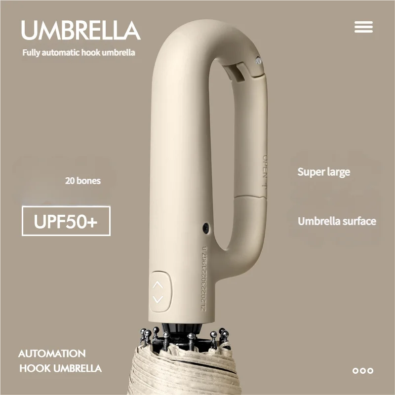 A beige fully automatic hook umbrella with a large handle and an automation hook mechanism.