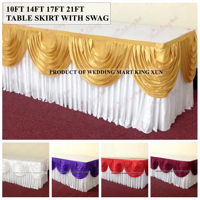 A long white table skirt with gold swag and ruffled fabric displayed on a maroon carpet.
