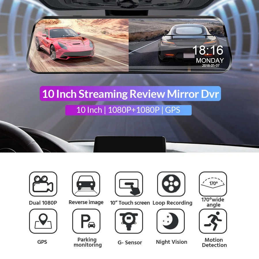 10-Zoll-Streaming-Review-Spiegel DVR in Auto-Innenraum mit GPS, Rückfahrkamera und Nachtsicht