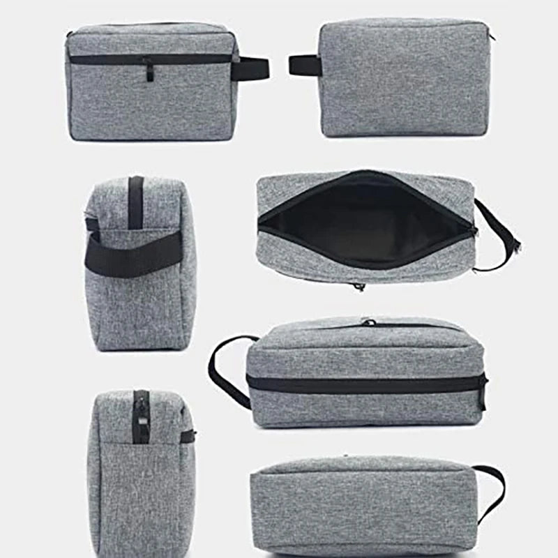 A collection of gray waterproof travel toiletry bags shown in various folded and open configurations.