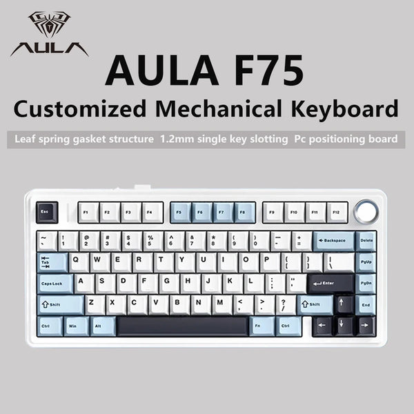 لوحة مفاتيح AULA F75 الميكانيكية اللاسلكية/بلوتوث/السلكية للألعاب، إضاءة RGB قابلة للتخصيص، تخطيط 75%، تصميم OEM مع هيكل Gasket