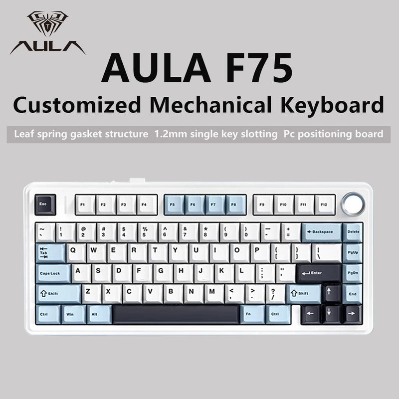 لوحة مفاتيح AULA F75 الميكانيكية اللاسلكية/بلوتوث/السلكية للألعاب، إضاءة RGB قابلة للتخصيص، تخطيط 75%، تصميم OEM مع هيكل Gasket