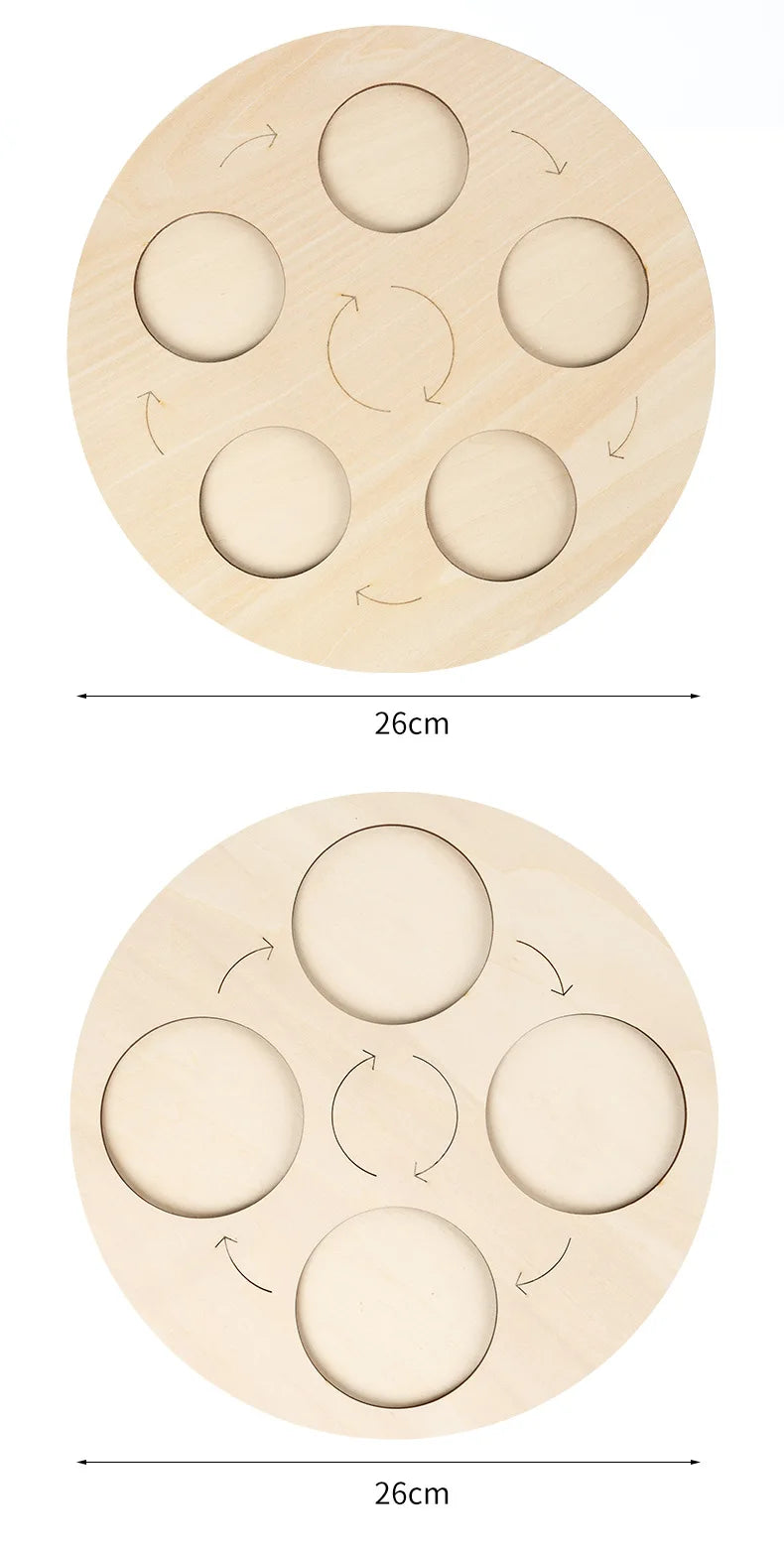 A round wooden learning board with six circular cutouts for a life cycle model, showing arrows indicating a process.