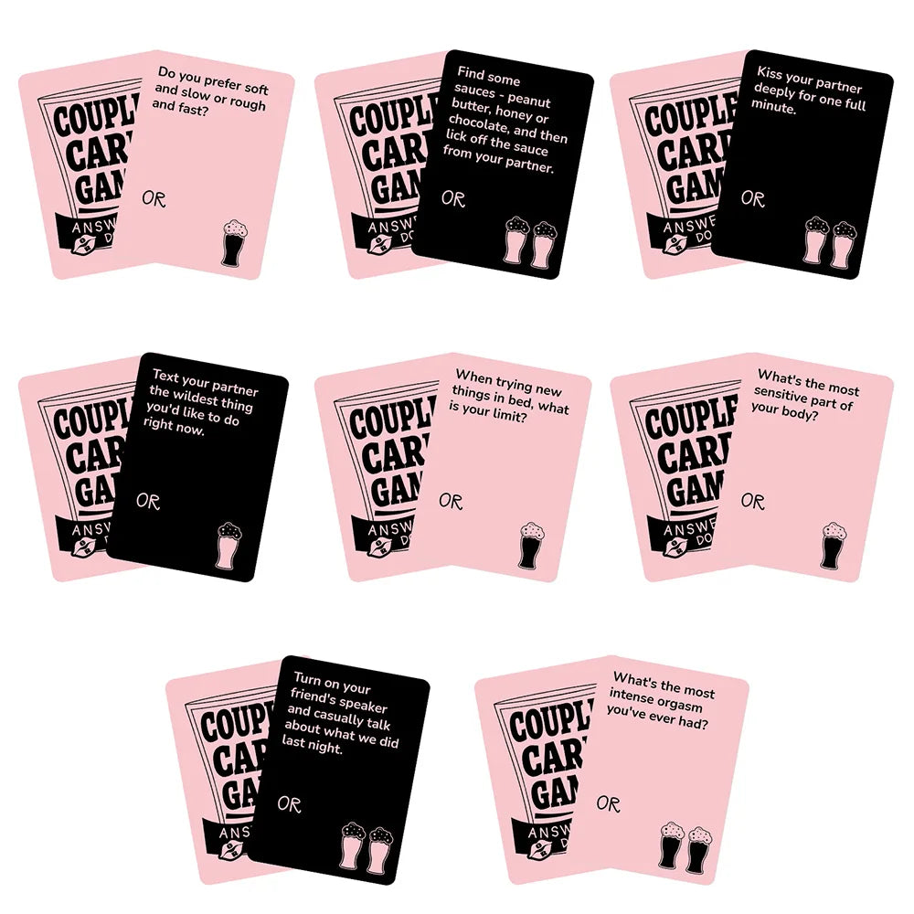A set of cards for a couples conversation and challenge game featuring various prompts like Do you prefer soft and slow or ro