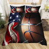 A black duvet cover set featuring a motivational pattern of basketballs and American flag elements.