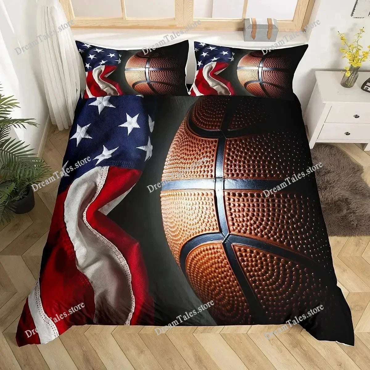 A black duvet cover set featuring a motivational pattern of basketballs and American flag elements.