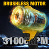 Close-up of a yellow cordless leaf blower featuring a brushless motor, highlighting its power and design.