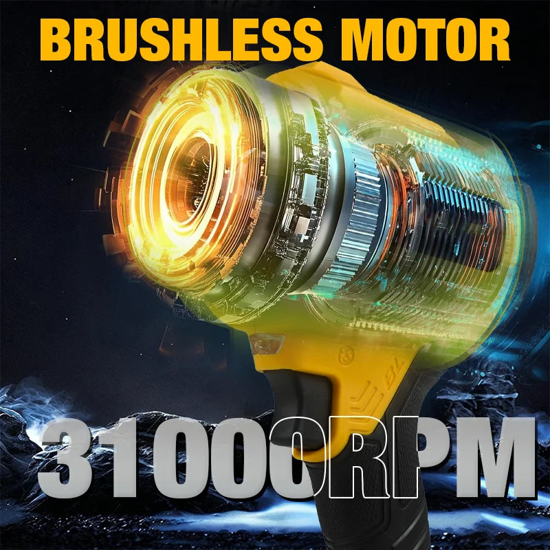 Close-up of a yellow cordless leaf blower featuring a brushless motor, highlighting its power and design.