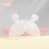 A pink bunny-shaped baby teether made of soft silicone with a hidden handle.