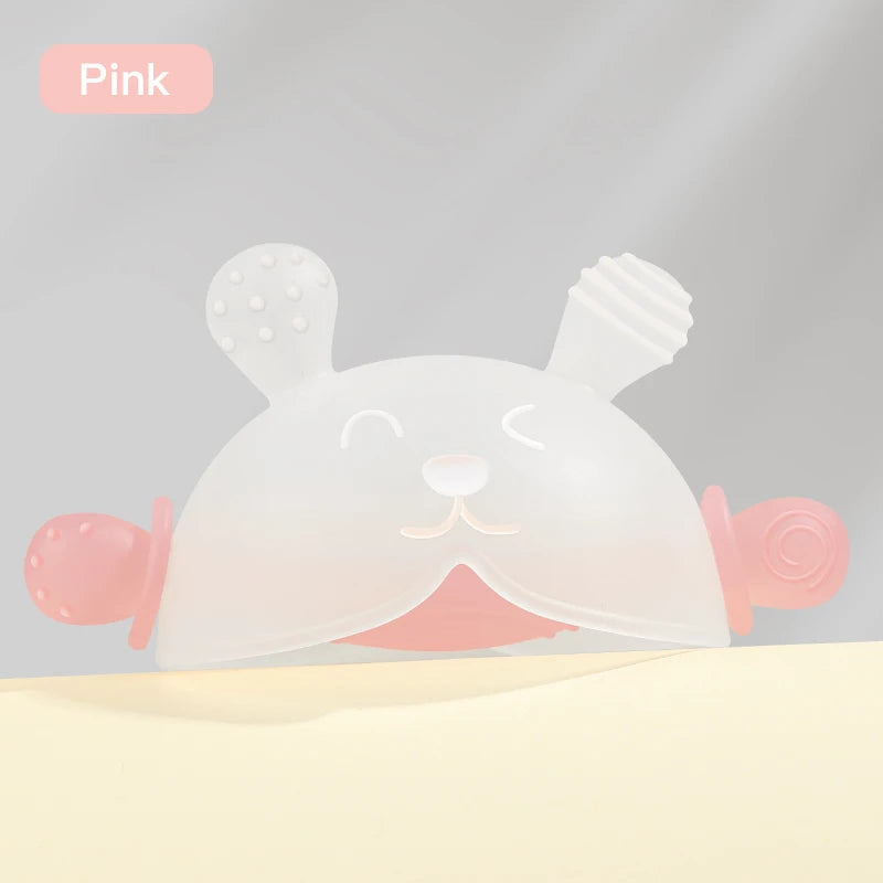 A pink bunny-shaped baby teether made of soft silicone with a hidden handle.