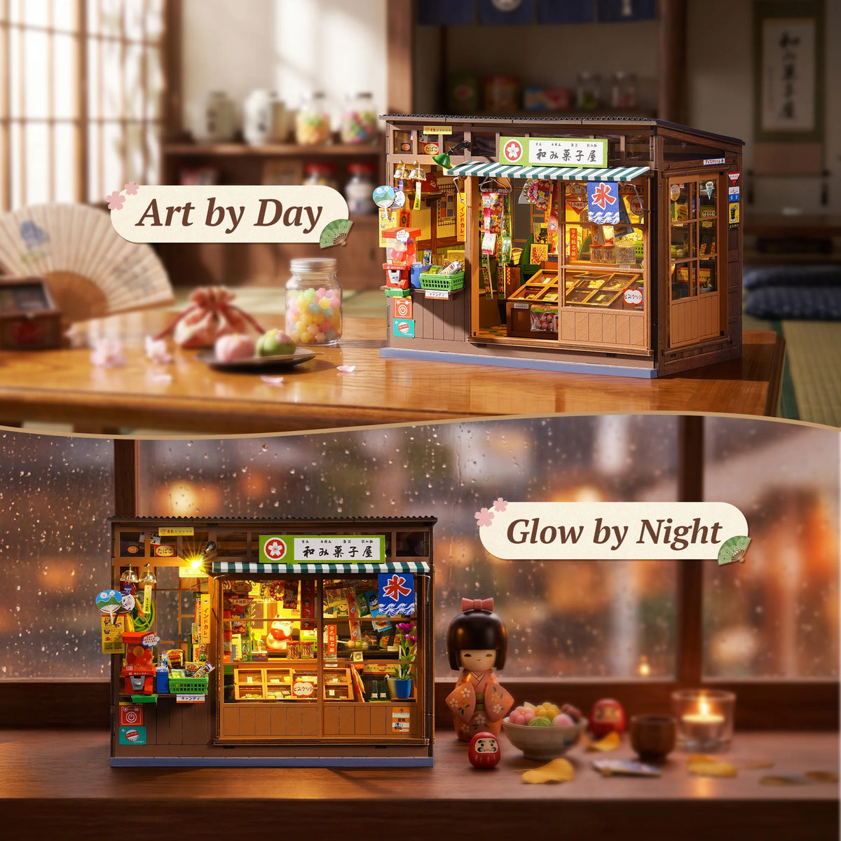 A detailed diorama kit of a vintage Japanese corner shop with LED lighting, displayed on a wooden surface.