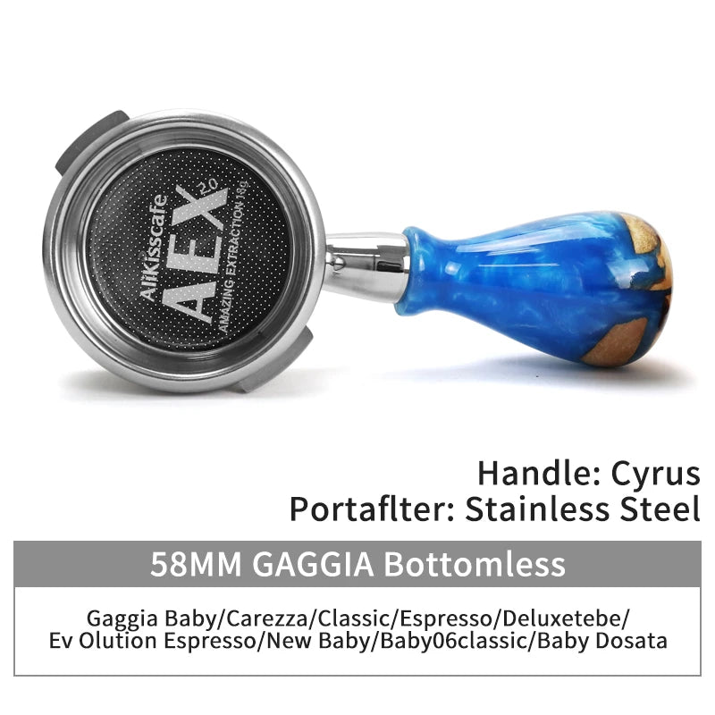 A stainless steel bottomless espresso portafilter with a blue handle for Gaggia and similar machines.