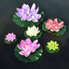 A collection of vibrant lotus flowers in purple, pink, white, and green floating on dark water.