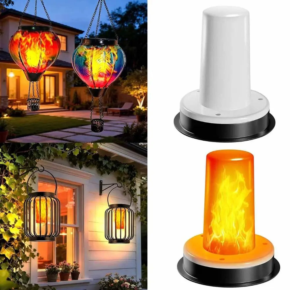 A set of solar-powered flickering flame lanterns, including hanging and wall-mounted designs.
