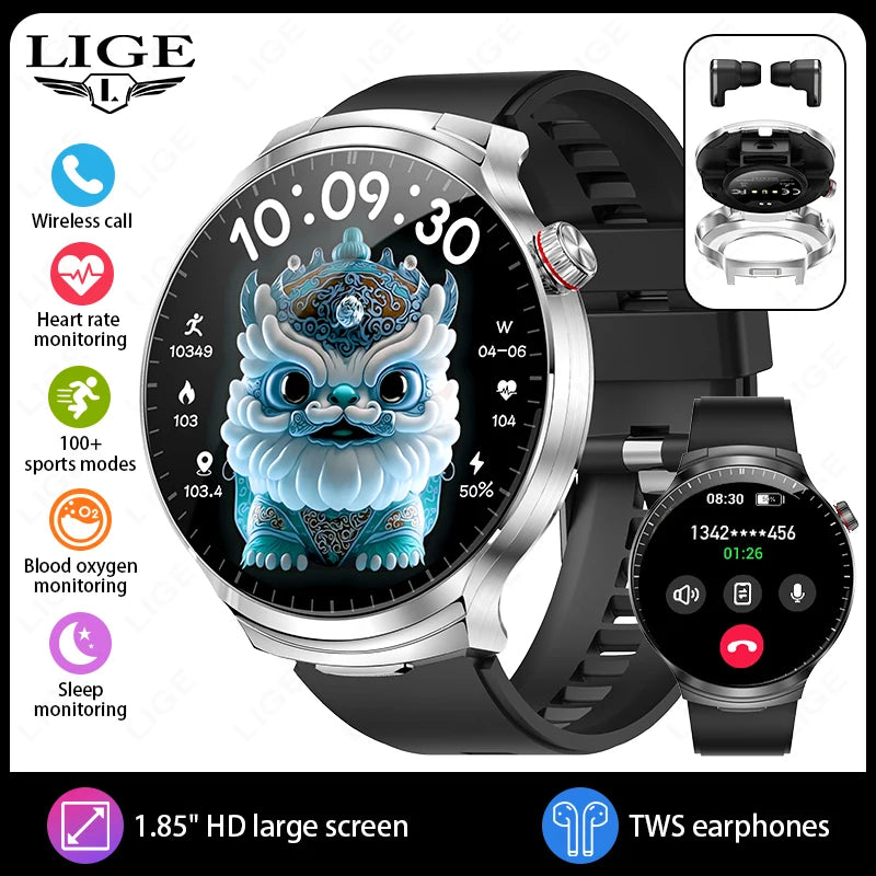 Montre connectée noire avec cadran numérique et écouteurs TWS séparés