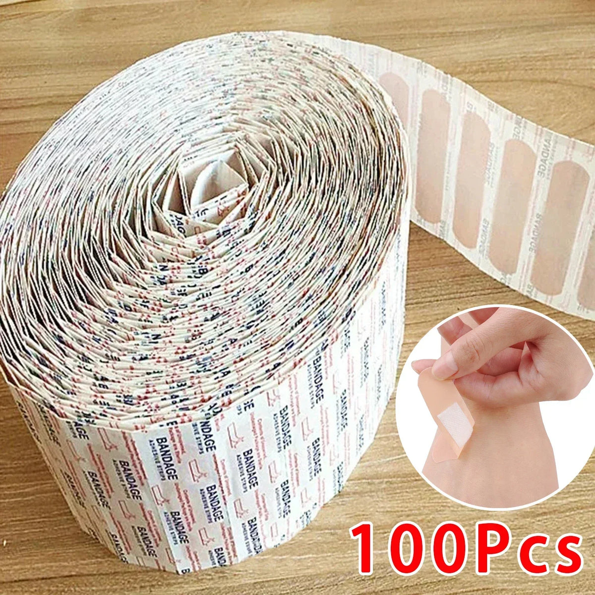 Roll of waterproof breathable adhesive bandages with a loose strip shown next to a hand