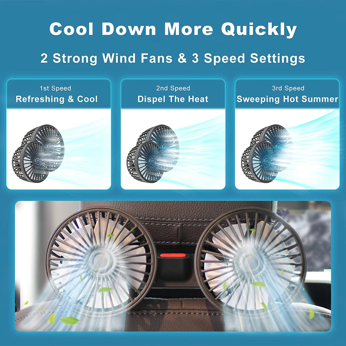 Dual-head car seat cooling fans demonstrating three speed settings for quick cooling