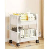 White mobile multi-tier storage cart with wheels displaying various files and documents.