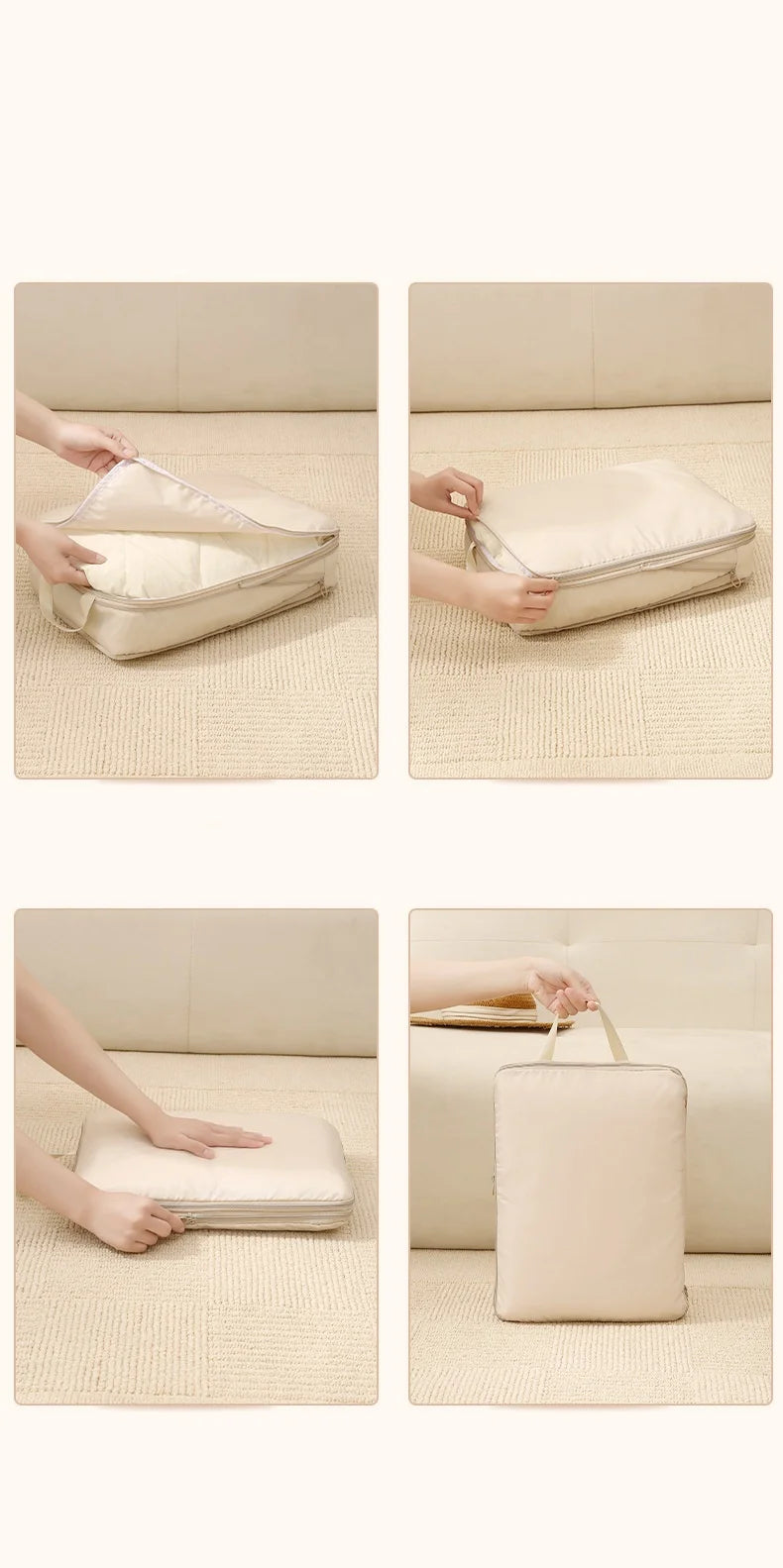 A set of beige compressible packing cubes being handled and shown in various angles on a light-colored surface.