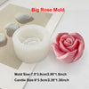 A pink rose silicone mold is shown next to a white candle, demonstrating the size ratio for making candles or soaps.