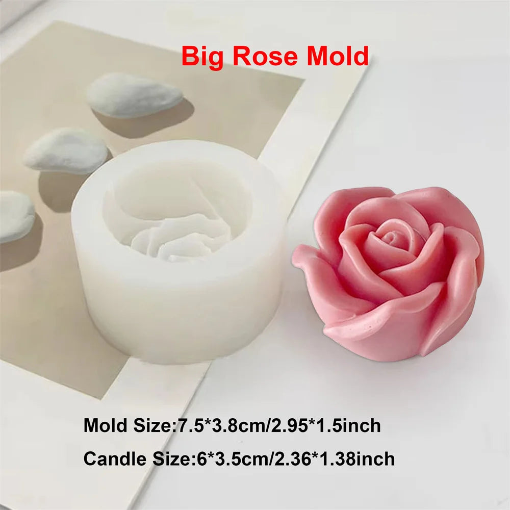 A pink rose silicone mold is shown next to a white candle, demonstrating the size ratio for making candles or soaps.