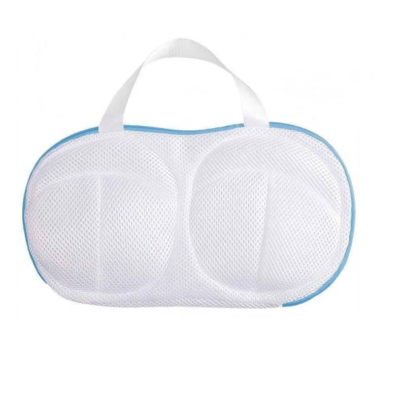 White fine mesh laundry bag with light blue trim and white handles