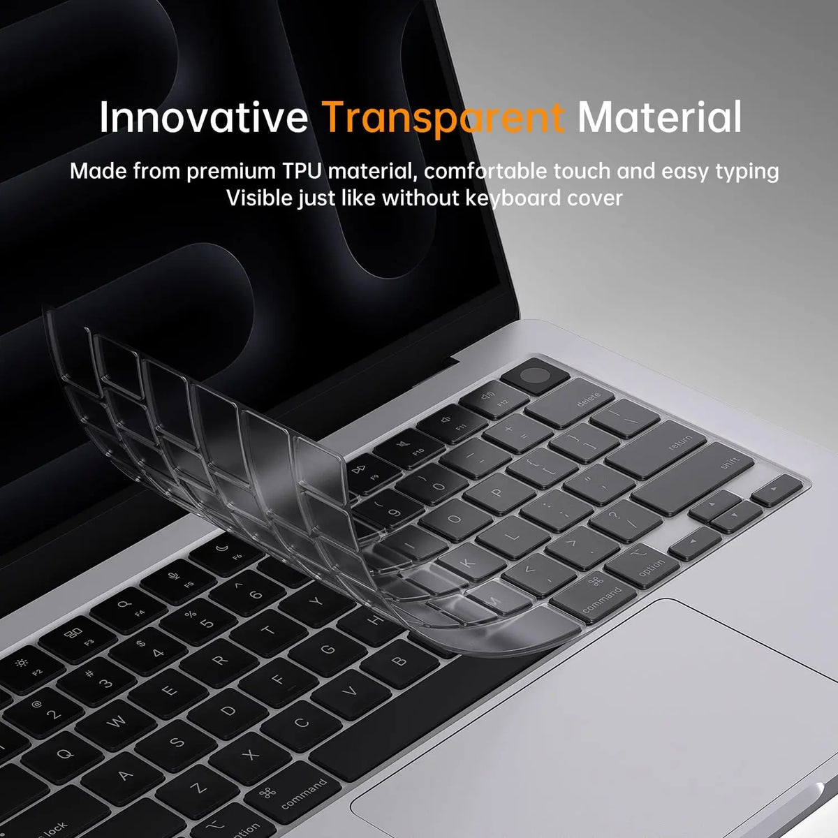 A transparent silicone keyboard cover for a laptop, showing the keyboard and surrounding area.