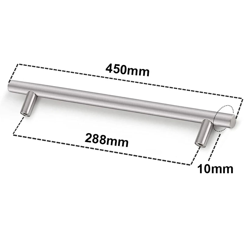 Moderne Edelstahl-T-Bar-Schubladengriffe mit 450 mm Länge und 10 mm Durchmesser.