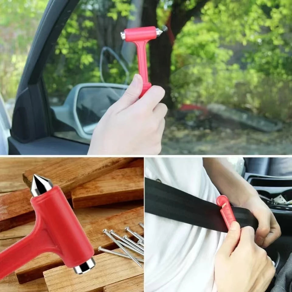A hand holds a red car emergency escape hammer with a glass breaker and seatbelt cutter, demonstrating its use.