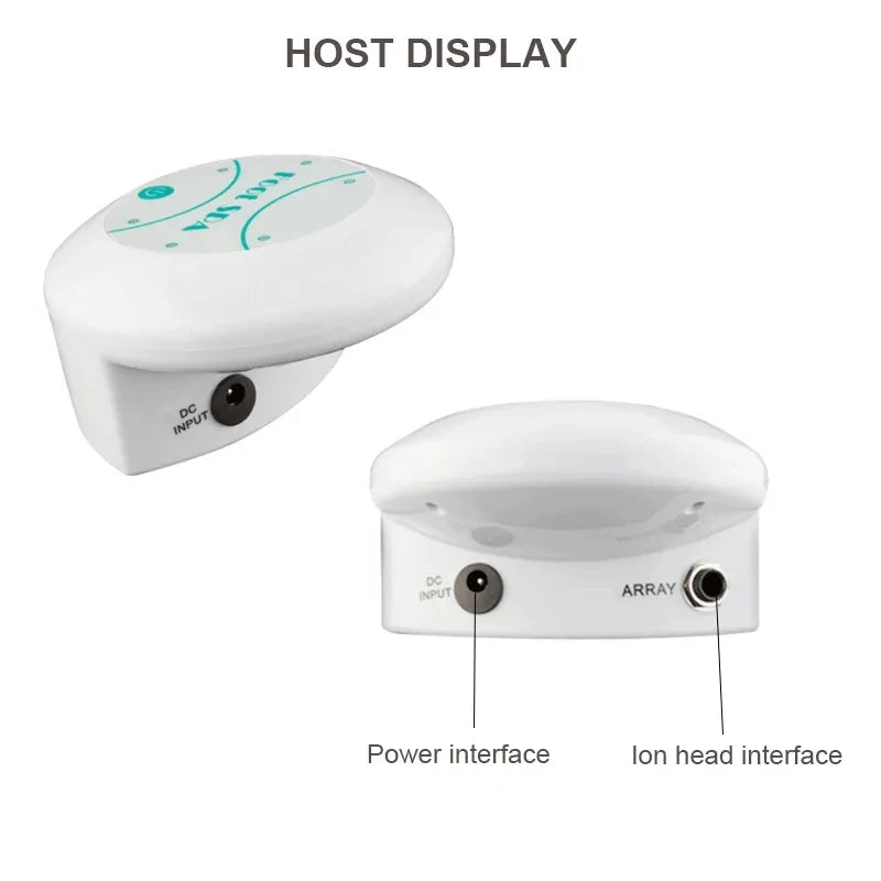 A white host display unit showing DC input and an array connection for an ionic detox foot spa.