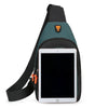 A black and gray waterproof crossbody bag with a clear display screen is shown against a white background.