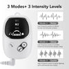White handheld device for massage therapy featuring three modes and intensity levels