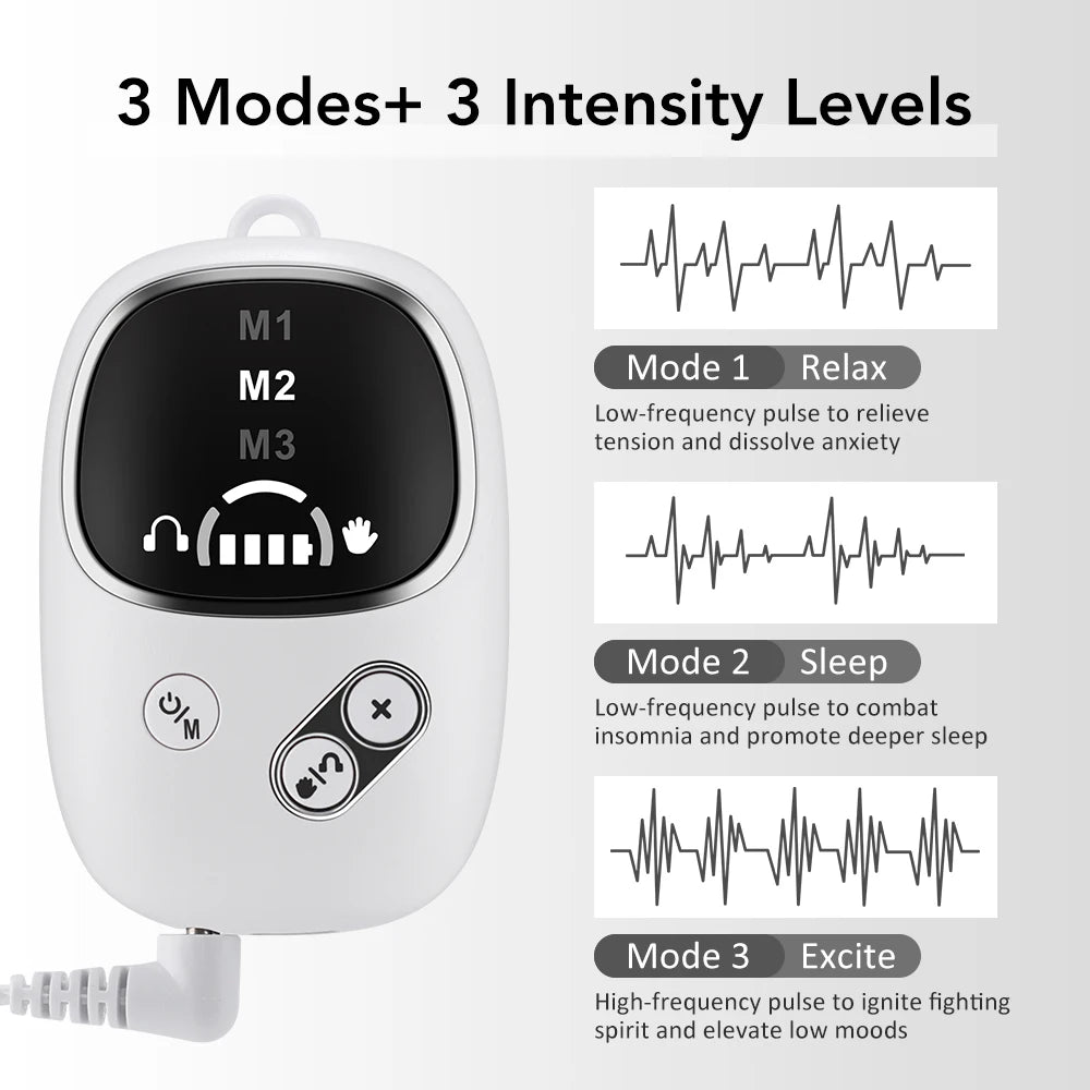 White handheld device for massage therapy featuring three modes and intensity levels