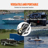 A heavy-duty hand winch with a steel cable and dual-speed ratchet is shown in various contexts including boats, all-terrain v