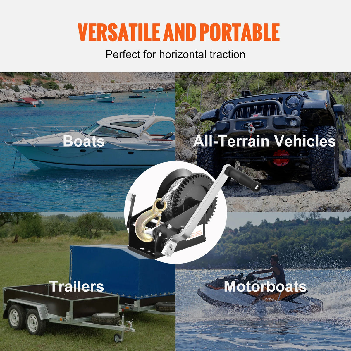 A heavy-duty hand winch with a steel cable and dual-speed ratchet is shown in various contexts including boats, all-terrain v