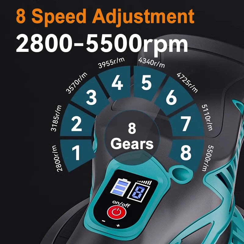Close-up of an electric car polisher showing an 8-speed adjustment dial with numbered settings and gear indicators.