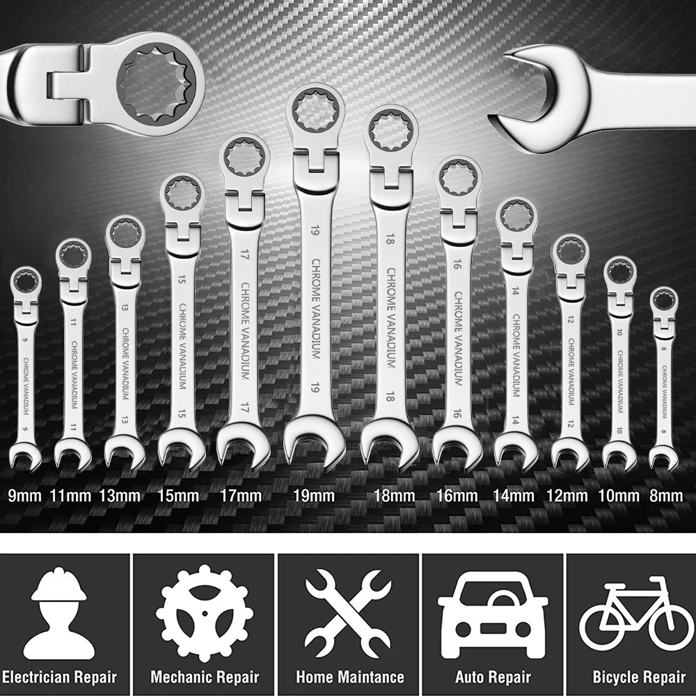 Metric Ratcheting Wrench Set with Flex-Head and Carry Bag