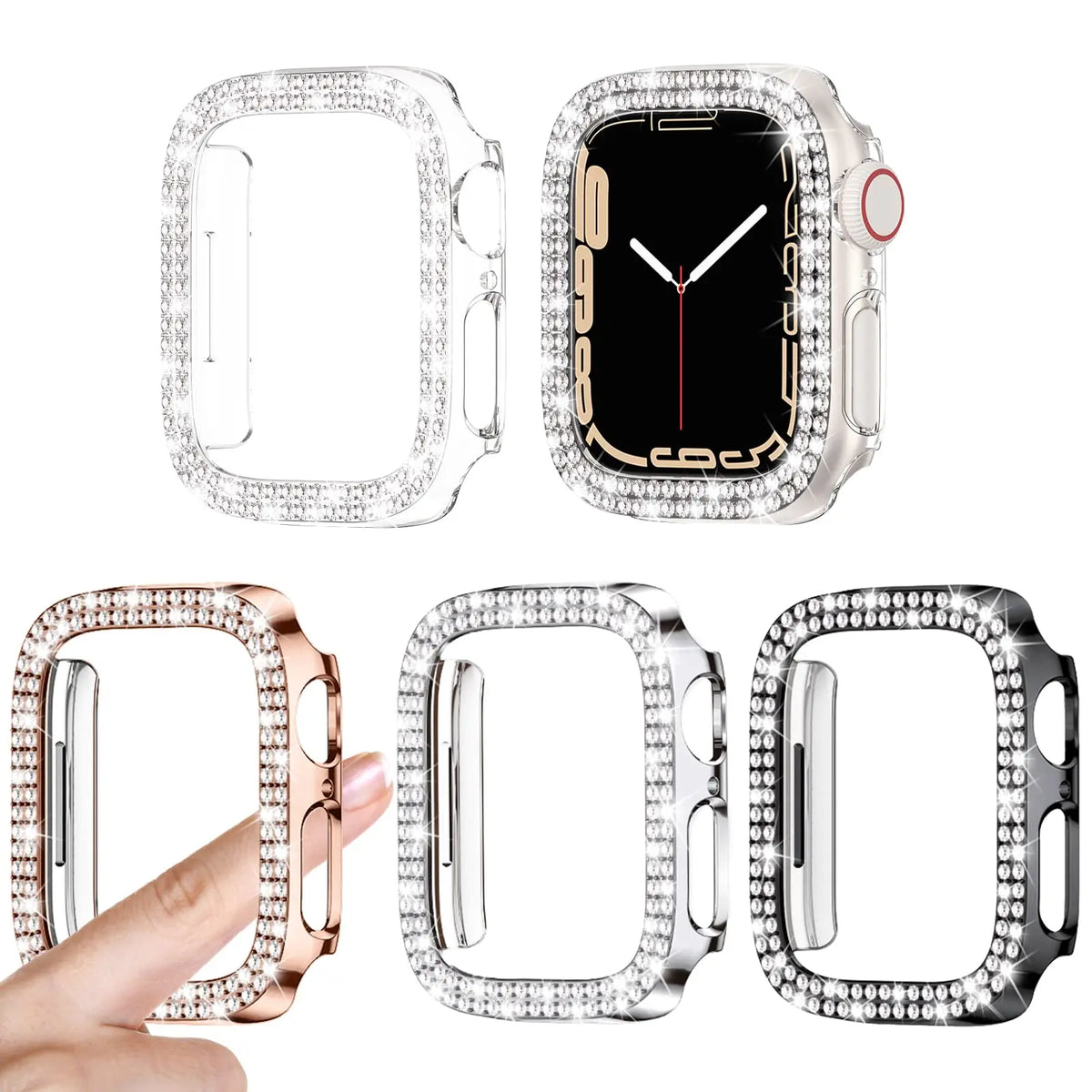 Un set de fundas tipo bumper con cristales de purpurina para Apple Watch, mostradas en varios ángulos y colores.