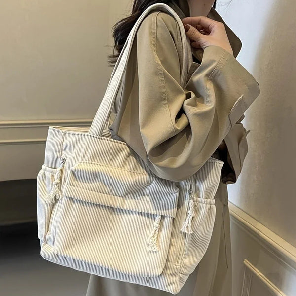 Classic Corduroy Tote Bag with Multiple Pockets