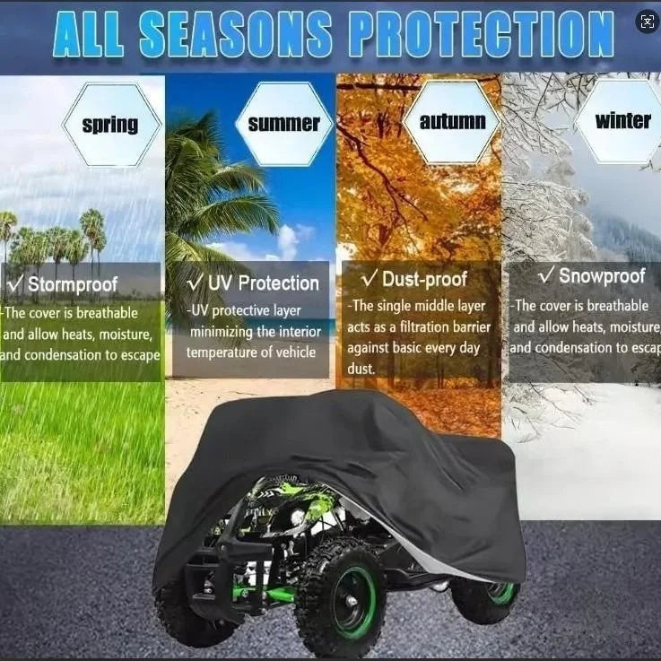Black heavy duty storage cover protecting an ATV quad bike from the elements.