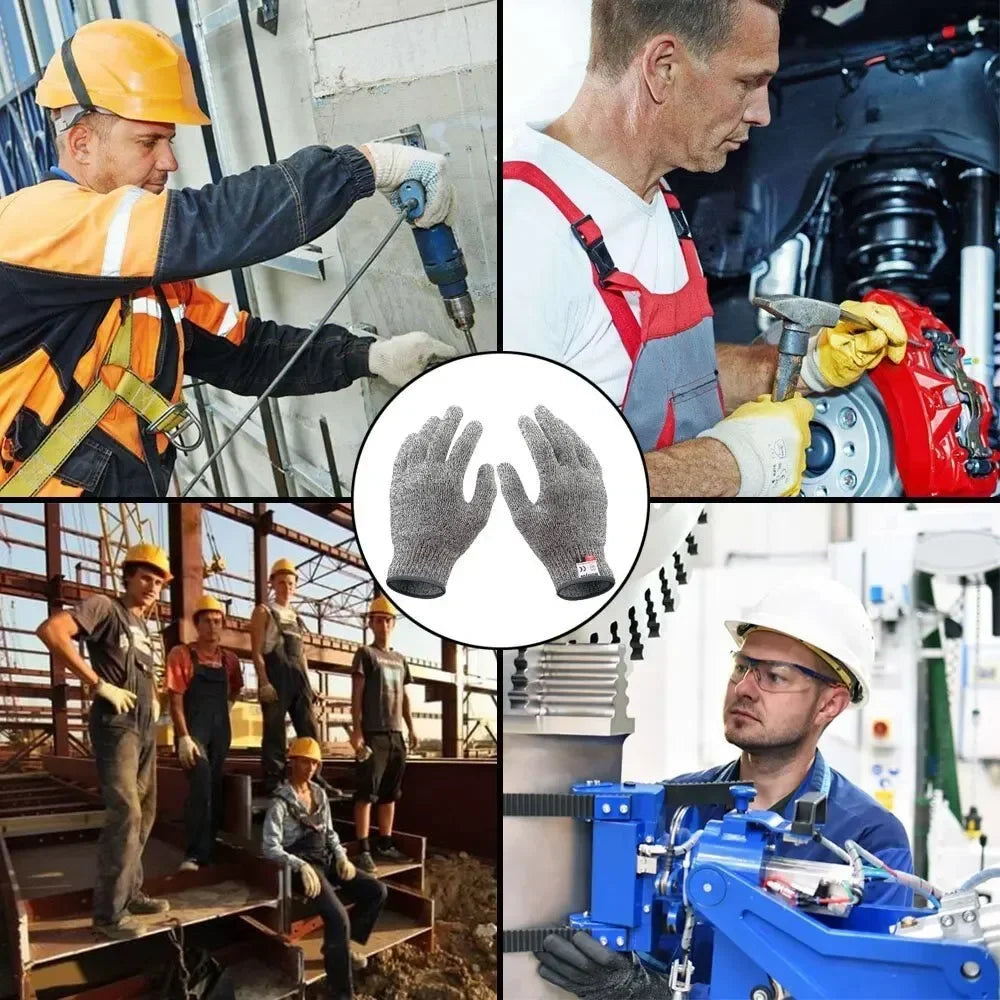A close-up of a worker wearing yellow gloves operating a power tool in a factory setting.