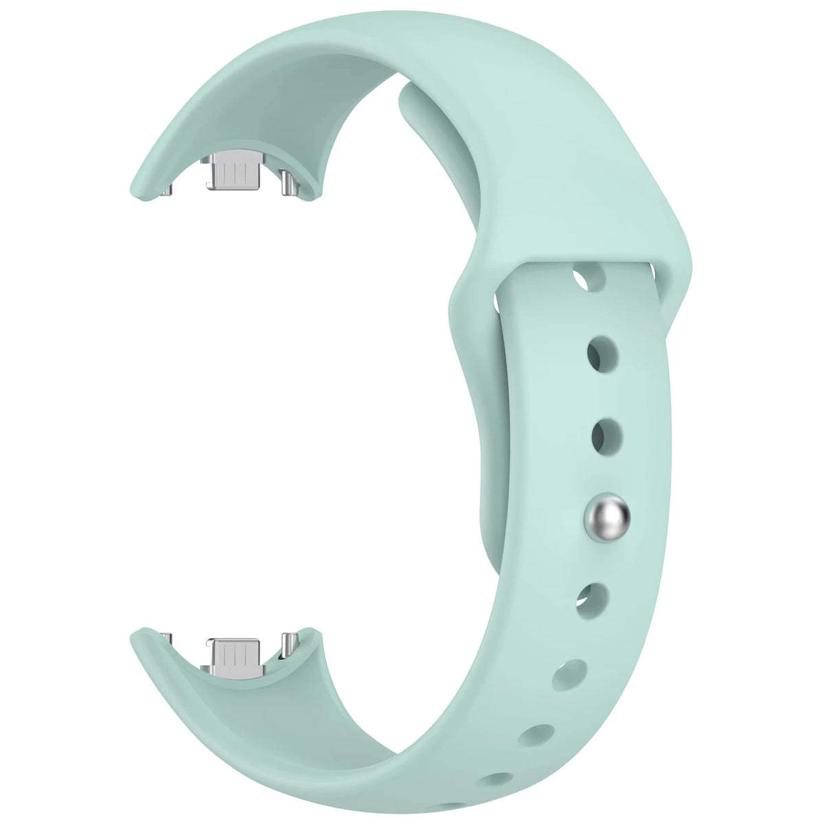 A light mint green silicone replacement strap for a fitness tracker, shown in a curved form.