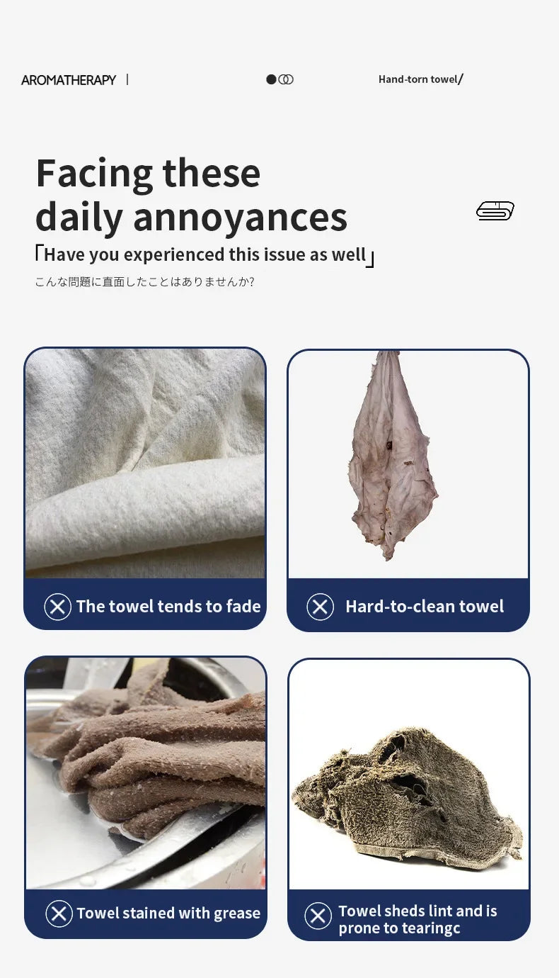 A collection of cleaning cloths showing various issues like fading, staining, and tearing.