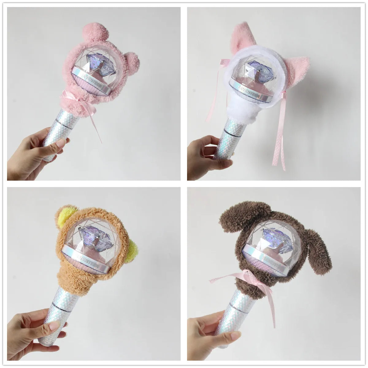 Two views of a plush cover for a SEVENTEEN official light stick featuring pink and yellow fuzzy ears.