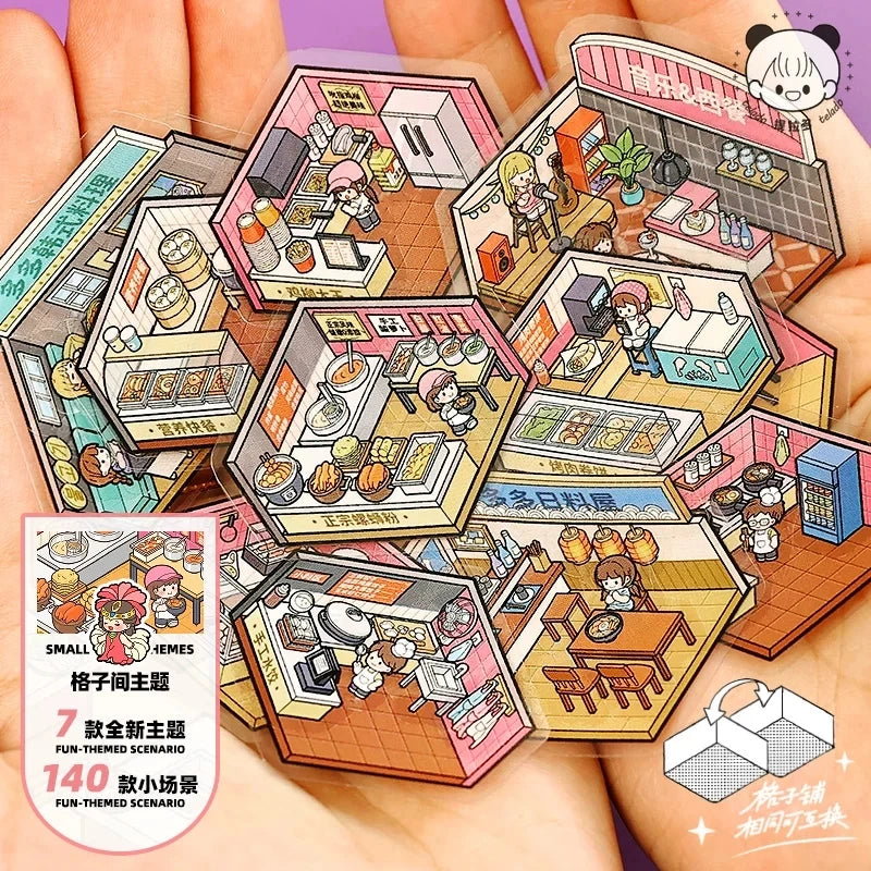 A hand holds a collection of hexagonal sticker book pages featuring various interior design scenes and DIY elements.